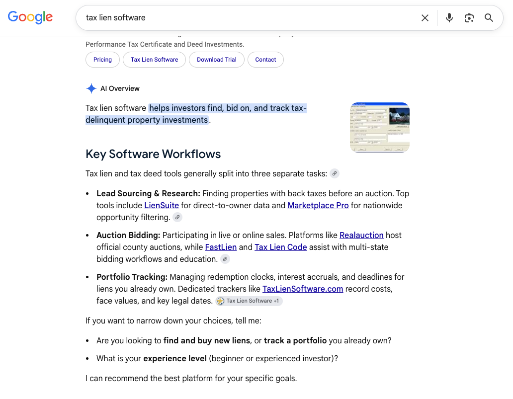 Google AI Overview referencing Marketplace Pro for a tax lien software query