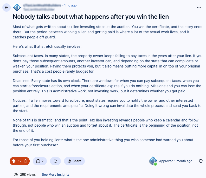 Tax Lien Wealth Builders Reddit post explaining what happens after winning a lien, showing 25k views