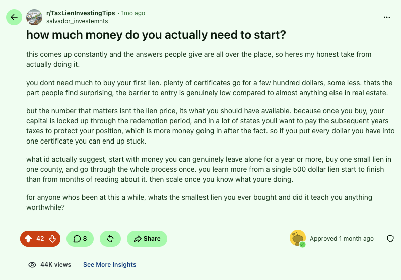 Tax Lien Investing Tips Reddit post about starting costs showing 44k views
