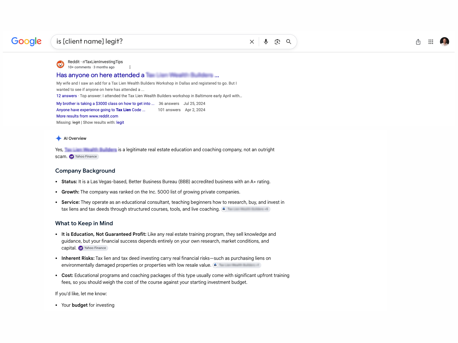 Google search results showing a Reddit discussion for a Tax Lien Wealth Builders legitimacy query